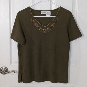 Liz Baker Embroidered Paisley Top V-Neck Olive Green Short Sleeve Top Size Small